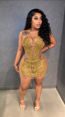 Golden Glam Rhinestone Mesh Dress